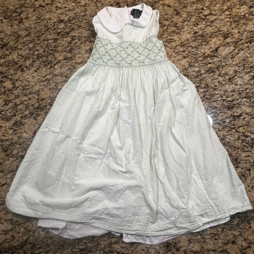 Ralph Lauren Girls‎ 6X Green Seersucker Smocked Floral Peter Pan Collar Dress